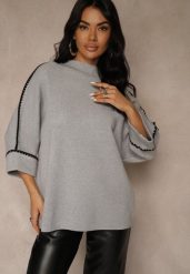 Szary Sweter Ozdobiony Lamówką na Rękawach Tusenna. Szare swetry klasyczne damskie Renee, z jeansu, bez kołnierzyka. Za 69.99 zł.