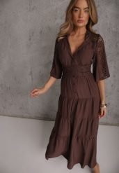 Brązowa Boho Sukienka z Wiskozą o Rozkloszowanym Kroju z Ażurowymi Wstawkami Idacea. Brązowe sukienki damskie Renee, w ażurowe wzory, z wiskozy, boho, bez ramiączek. Za 179.99 zł.