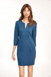 Dopasowana Mini Sukienka z Rozcięciem przy Dekolcie - Lazurowa. Niebieskie sukienki damskie Nife, bez wzorów, z materiału, wizytowe, bez ramiączek. Za 199.90 zł.