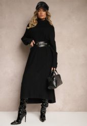 Czarna Sweterkowa Sukienka z Wiskozą z Golfem i Eleganckimi Rozcięciami Elettrina. Czarne sukienki damskie Renee, bez wzorów, z wiskozy, eleganckie, bez ramiączek. W wyprzedaży za 95.99 zł.
