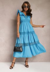 Niebieska Rozkloszowana Sukienka Maxi z Koronką i Wiązaniem na Plecach Iofia. Niebieskie sukienki damskie Renee, w ażurowe wzory, z koronki, eleganckie, bez ramiączek. W wyprzedaży za 131.99 zł.