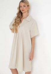 Jasnobeżowa Rozkloszowana Sukienka z Zakładkami i Kołnierzykiem Alisano. Brązowe sukienki damskie Born2be, z aplikacjami, bez ramiączek. Za 119.99 zł.