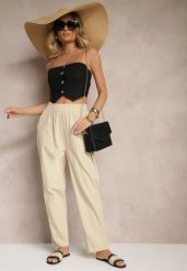 Beżowe Spodnie z Bawełny High Waist Sonirea. Brązowe spodnie materiałowe damskie Renee, bez wzorów, z bawełny. Za 39.99 zł.