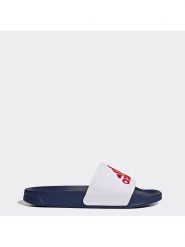 Adidas Klapki "Adilette" w kolorze biało-czerwono-granatowym rozmiar: 40,5. Białe klapki damskie Adidas, bez wzorów, z otwartym noskiem, bez obcasa, bez zapięcia. Za 82.83 zł.