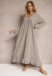 Ciemnobeżowa Muślinowa Trapezowa Sukienka z Bawełny Wykończona Falbaną i Ozdobnymi Rękawami Tanisea. Brązowe sukienki damskie Renee, bez wzorów, z bawełny, eleganckie, bez ramiączek. W wyprzedaży za 135.99 zł.