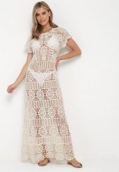 Beżowa Bawełniana Sukienka Plażowa Maxi w Ażurowym Stylu Aanuan. Brązowe sukienki damskie Born2be, z aplikacjami, z bawełny, bez ramiączek. Za 209.99 zł.