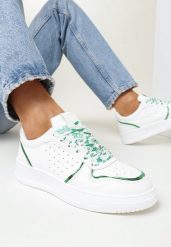 Biało-Zielone Sneakersy z Błyszczącymi Wstawkami i Dekoracyjnym Sznurowaniem Horustia. Białe obuwie sportowe damskie Born2be, bez zapięcia. Za 79.99 zł.