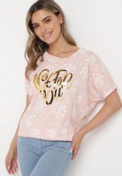 Różowy Bawełniany T-shirt z Rękawami Typu Nietoperz z Cyrkoniami i Nadrukiem Sevres. Czerwone t-shirty damskie Born2be, bez wzorów, z bawełny, bez kołnierzyka. Za 34.99 zł.