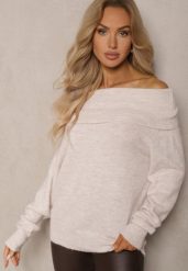 Beżowy Sweter z Wiskozą i Wełną Ozdobiony Wywiniętym Dekoltem Ravarienne. Brązowe swetry klasyczne damskie Renee, na zimę, m, z wełny, bez kołnierzyka. Za 84.99 zł.