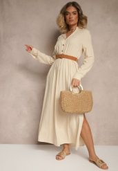 Beżowa Wiskozowa Sukienka o Rozkloszowanym Kroju z Paskiem i Rozcięciem Reirissa. Brązowe sukienki damskie Renee, bez wzorów, z wiskozy, eleganckie, bez ramiączek. W wyprzedaży za 111.99 zł.