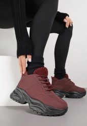 Bordowe Traperki Sneakersy Vices na Grubej Tłoczonej Platformie Typu Traperki Narrise. Czerwone trapery damskie Born2be, z jeansu, bez zapięcia. Za 99.99 zł.