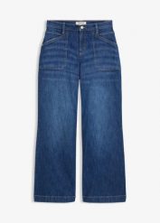 Jeansy z szerokimi nogawkami, mid waist, i naszywanymi kieszeniami. Niebieskie jeansy damskie bonprix. Za 154.99 zł.