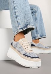 Niebiesko-Beżowe Sneakersy na Tłoczonej Platformie z Ozdobnymi Przeszyciami Faloviela. Niebieskie obuwie sportowe damskie Renee, z jeansu, bez zapięcia. Za 99.99 zł.