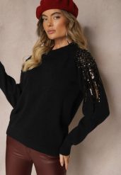 Czarny Sweter Ozdobiony Cekinami Perłami i Cyrkoniami Nevaselle. Czarne swetry klasyczne damskie Renee, na zimę, bez kołnierzyka. Za 119.99 zł.