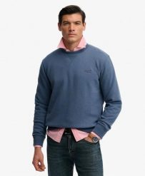 Superdry Bluza Essential Logo Crew z bawełny z recyklingu Vintage Indigo. Niebieskie bluzy damskie Superdry, xl, z aplikacjami, z bawełny, bez kaptura. Za 279.65 zł.