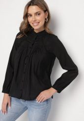 Czarna Koszula z Ozdobnym Haftem Nanania. Czarne koszule damskie Born2be, l, bez wzorów, z jeansu, eleganckie, bez kołnierzyka, bez ramiączek. Za 129.99 zł.