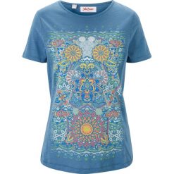 T-shirt z nadrukiem. Niebieskie t-shirty damskie bonprix, bez wzorów, bez kołnierzyka. Za 39.99 zł.