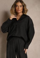 Czarna Koszula Oversize w Klasycznym Stylu z Kieszonką Liozira. Czarne koszule damskie Renee, l, bez wzorów, biznesowe, bez kołnierzyka, bez ramiączek. Za 84.99 zł.
