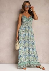 Zielona Sukienka w Stylu Boho na Ramiączkach z Gumką w Talii Felorea. Zielone sukienki damskie Renee, bez wzorów, z materiału, boho, bez ramiączek. W wyprzedaży za 47.99 zł.