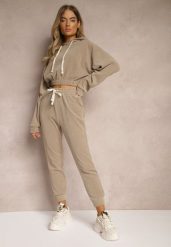 Ciemnobeżowe Dresowe Spodnie z Dodatkiem Bawełny High Waist z Gumką w Pasie Pesaria. Brązowe spodnie dresowe damskie Renee, xl, bez wzorów, z bawełny. Za 29.99 zł.