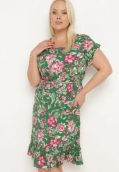 Zielona Bawełniana Sukienka w Kwiaty o Pudełkowym Fasonie ze Sznurkiem w Talii Risallise. Zielone sukienki damskie Born2be, bez wzorów, z bawełny, retro, bez ramiączek. Za 74.99 zł.