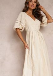 Beżowa Rozkloszowana Sukienka Maxi z Ażurowymi Wstawkami z Lnem i Bawełną Camya. Brązowe sukienki damskie Renee, w ażurowe wzory, z bawełny, eleganckie, bez ramiączek. W wyprzedaży za 183.99 zł.