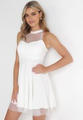 Biała Rozkloszowana Sukienka Mini z Siateczką Philippina. Białe sukienki damskie Born2be, bez wzorów, z tiulu, bez ramiączek. Za 139.99 zł.