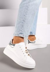 Biało-Srebrne Sneakersy na Platformie Wykończone Cyrkoniowymi Aplikacjami Vliorina. Białe obuwie sportowe damskie Renee, z materiału, bez zapięcia. Za 79.99 zł.