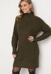 Zielona Sweterkowa Sukienka z Półgolfem i Wełną o Pudełkowym Kroju Norienne. Zielone sukienki damskie Born2be, bez wzorów, z wełny, eleganckie, bez ramiączek. W wyprzedaży za 118.99 zł.