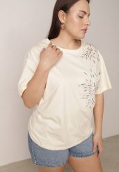 Jasnobeżowy T-shirt Bawełniany z Ozdobnymi Cekinami Greyfeather. Brązowe t-shirty damskie Born2be, plus size, bez wzorów, z bawełny, bez kołnierzyka. Za 59.99 zł.