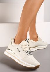 Beżowe Sneakersy na Grubszej Podeszwie ze Sznurowaniem z Metaliczną Wstawką Zosemia. Brązowe obuwie sportowe damskie Born2be, z materiału, bez zapięcia. Za 89.99 zł.