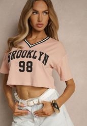 Ciemnoróżowy T-shirt z Bawełny Ozdobiony Napisem Lireline. Czerwone t-shirty damskie Renee, m, bez wzorów, z bawełny, bez kołnierzyka. Za 34.99 zł.