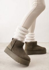 Zielone Krótkie Śniegowce na Grubej Podeszwie Aranwen. Zielone śniegowce damskie Renee, z dzianiny. Za 89.99 zł.