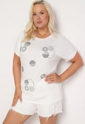 Biały T-shirt z Bawełny Wykończony Cyrkoniami Krissianne. Białe t-shirty damskie Born2be, l, z aplikacjami, z bawełny, bez kołnierzyka. Za 39.99 zł.