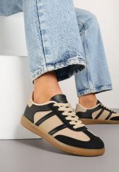 Czarno-Beżowe Sneakersy w Typie Tenisówek z Paskami na Boku Cholewki Wonevia. Czarne obuwie sportowe damskie Born2be, bez zapięcia, tenisowe. Za 84.99 zł.