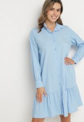 Niebieska Sukienka z Wiskozą o Koszulowym Kroju z Falbanką Penzedi. Niebieskie sukienki damskie Born2be, bez wzorów, z wiskozy, eleganckie, bez ramiączek. W wyprzedaży za 72.24 zł.
