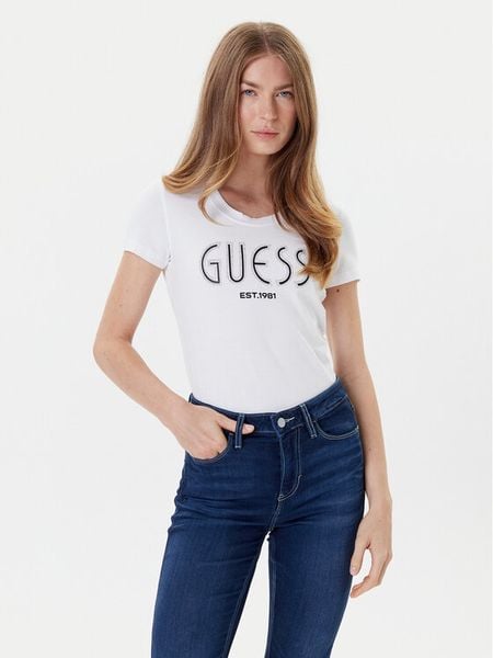Guess T-Shirt W5YI05 J1314 Biały Regular Fit. Białe t-shirty damskie Guess, xxl, z aplikacjami, z bawełny, bez kołnierzyka. Za 99.99 zł.