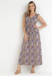 Fioletowa Wiskozowa Sukienka Maxi w Kwiaty z Gumką w Pasie Tolira. Fioletowe sukienki damskie Born2be, bez wzorów, z wiskozy, bez ramiączek. Za 99.99 zł.