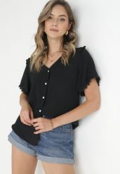 Czarna Koszula z Koronką i Trójkątnym Dekoltem Kieratia. Czarne koszule damskie Born2be, na lato, l, bez wzorów, z koronki, bez kołnierzyka, bez ramiączek. Za 69.99 zł.