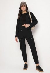 Czarny Komplet Dresowy Bluza Rozpinana i Spodnie Slim w Stylu Utility Telavienna. Czarne bluzy damskie Born2be, m, bez wzorów, z dresówki, bez kaptura. Za 84.99 zł.