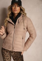 Ciemnobeżowa Klasyczna Kurtka z Pikowaniem i Kapturem Everaelia. Brązowe kurtki damskie Renee, l, bez wzorów, z materiału. Za 139.99 zł.