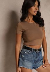 Brązowy T-shirt Cropped z Wiskozą Efranessa. Brązowe t-shirty damskie Renee, l, bez wzorów, z materiału, bez kołnierzyka. Za 69.99 zł.