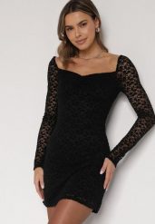 Czarna Koronkowa Sukienka o Dopasowanym Kroju z Kwadratowym Dekoltem Tiwedesa. Czarne sukienki damskie Born2be, bez wzorów, z koronki, eleganckie, bez ramiączek. Za 139.99 zł.