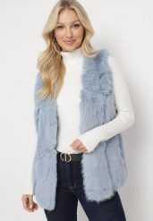 Jasnoniebieska Kamizelka Futrzana z Wstawkami z Ekoskóry Batliewa. Niebieskie kamizelki damskie Born2be, l, z aplikacjami, z futra, bez kaptura. Za 189.99 zł.