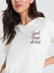 Koszulka z haftem - kremowy. Białe koszulki damskie Sinsay, l, bez wzorów, z bawełny, bez kołnierzyka, bez ramiączek. Za 25.99 zł.