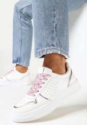 Biało-Szampańskie Sneakersy z Błyszczącymi Wstawkami i Dekoracyjnym Sznurowaniem Horustia. Białe obuwie sportowe damskie Born2be, bez zapięcia. Za 79.99 zł.
