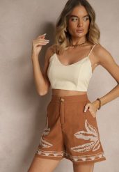 Brązowe Szorty High Waist z Bawełny Zdobione Haftem Filianira. Brązowe szorty damskie Renee, z aplikacjami, z bawełny, z podwyższonym stanem. Za 59.99 zł.