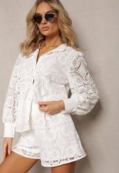 Biała Klasyczna Koszula z Ażurowego Materiału Aseili. Białe koszule damskie Renee, m, w ażurowe wzory, klasyczne, bez kołnierzyka, bez ramiączek. Za 69.99 zł.