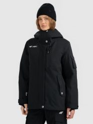 4F Kurtka snowboardowa membrana 15000 damska - czarna M. Czarne kurtki damskie 4F, na zimę, m, bez wzorów, z materiału, bez kaptura. Za 699.99 zł.