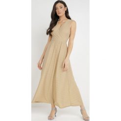 Beżowo-Złota Sukienka Kephadia. Brązowe sukienki damskie Born2be, bez wzorów, z gumy, eleganckie, bez ramiączek. Za 229.99 zł.